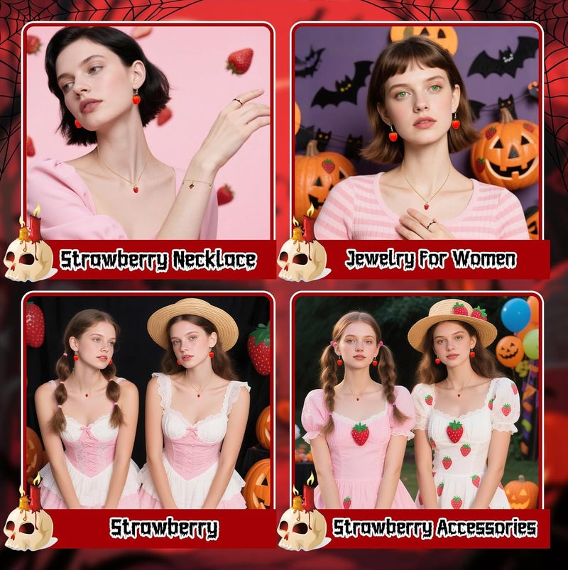 Voiiake Strawberry Costume Jewelry Set for Women - Cute Strawberry Accessories - Necklace, Earrings, Ring & Chain Bracelet for Halloween Party, Cosplay, Halloween Costumes - Image 5
